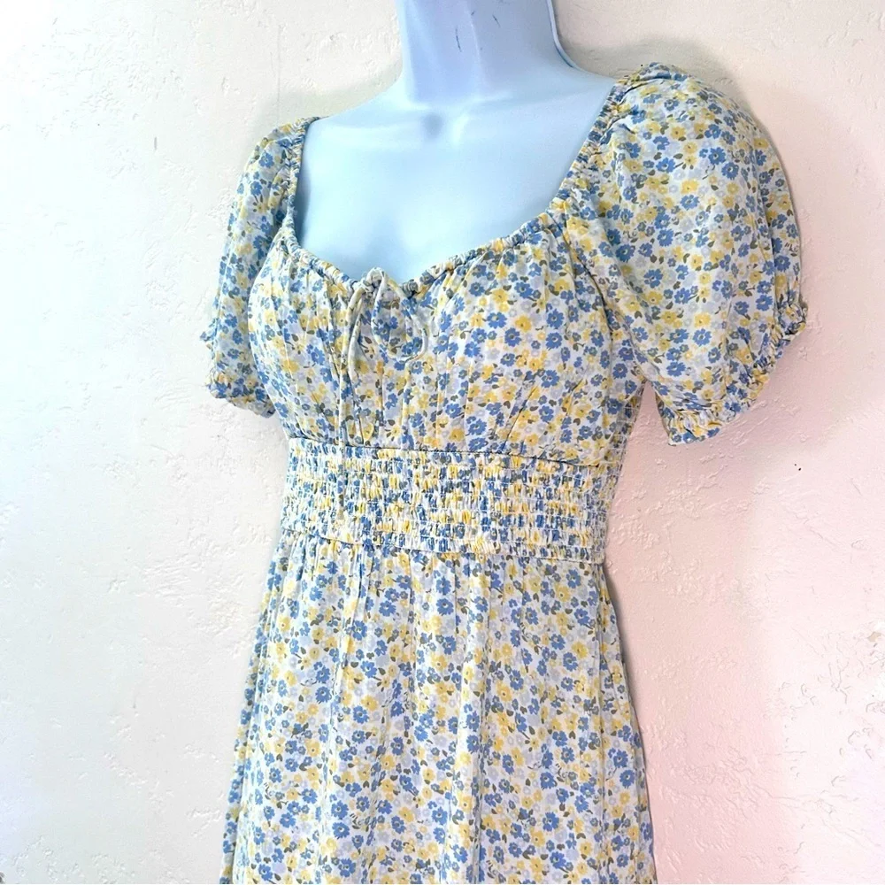 Hollister Smocked Milkmaid Mini Dress Floral Blue Yellow Size M